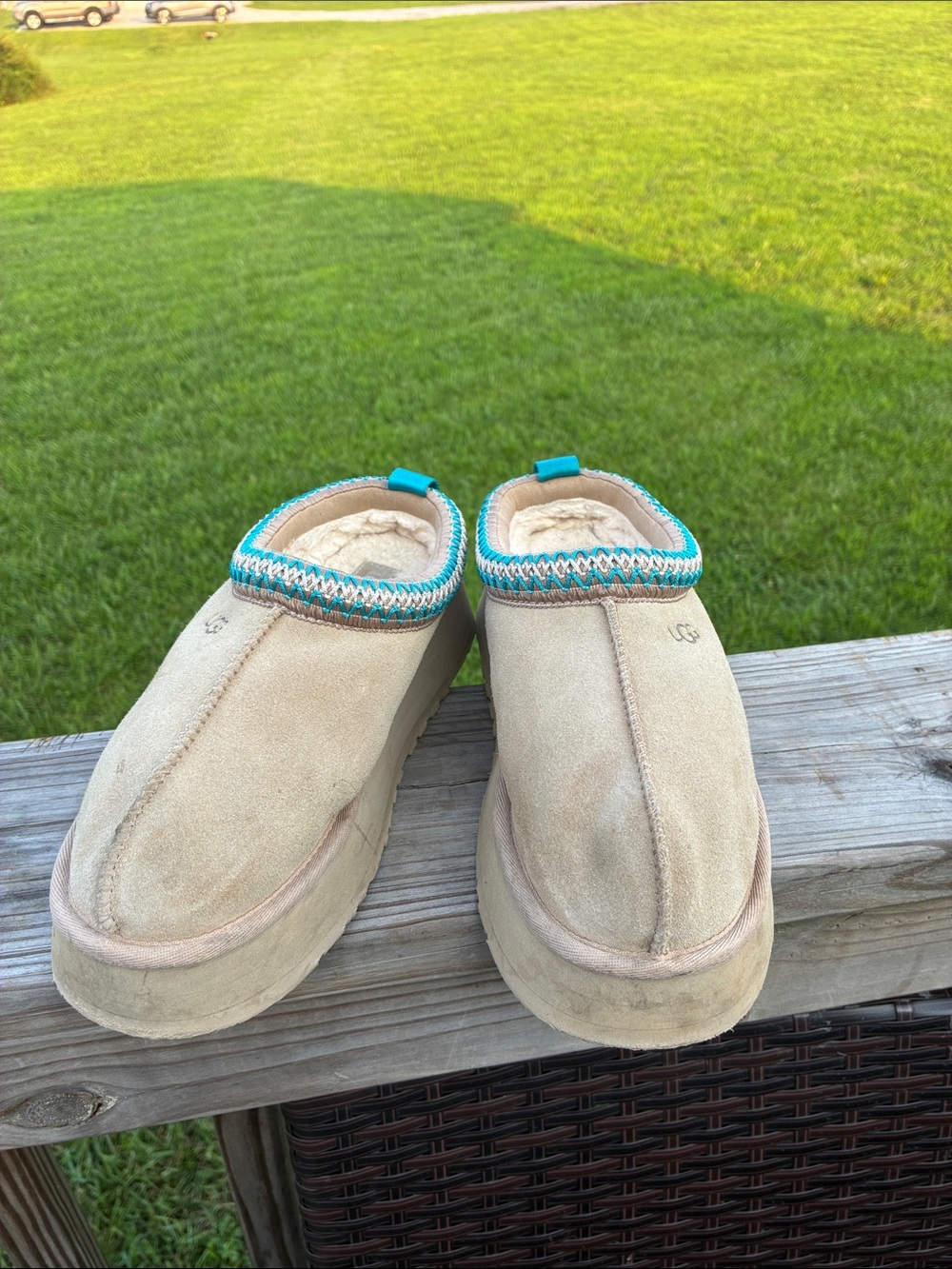 UGG Beige Suede Slip-On Mules with Turquoise Trim - Picture 2 of 3